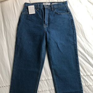 High waisted medium wash skinny jeans.